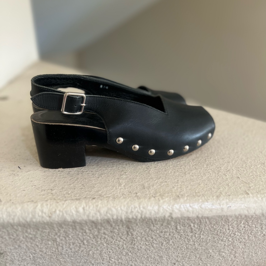 Comme Des Garons Black Studded Leather Slingback Block Heel Women's Shoes Flawd